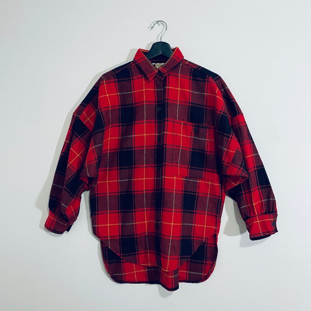 VINTAGE Thick Oversized Buffalo Plaid Woven Batwing Sleeve Overshirt (M)